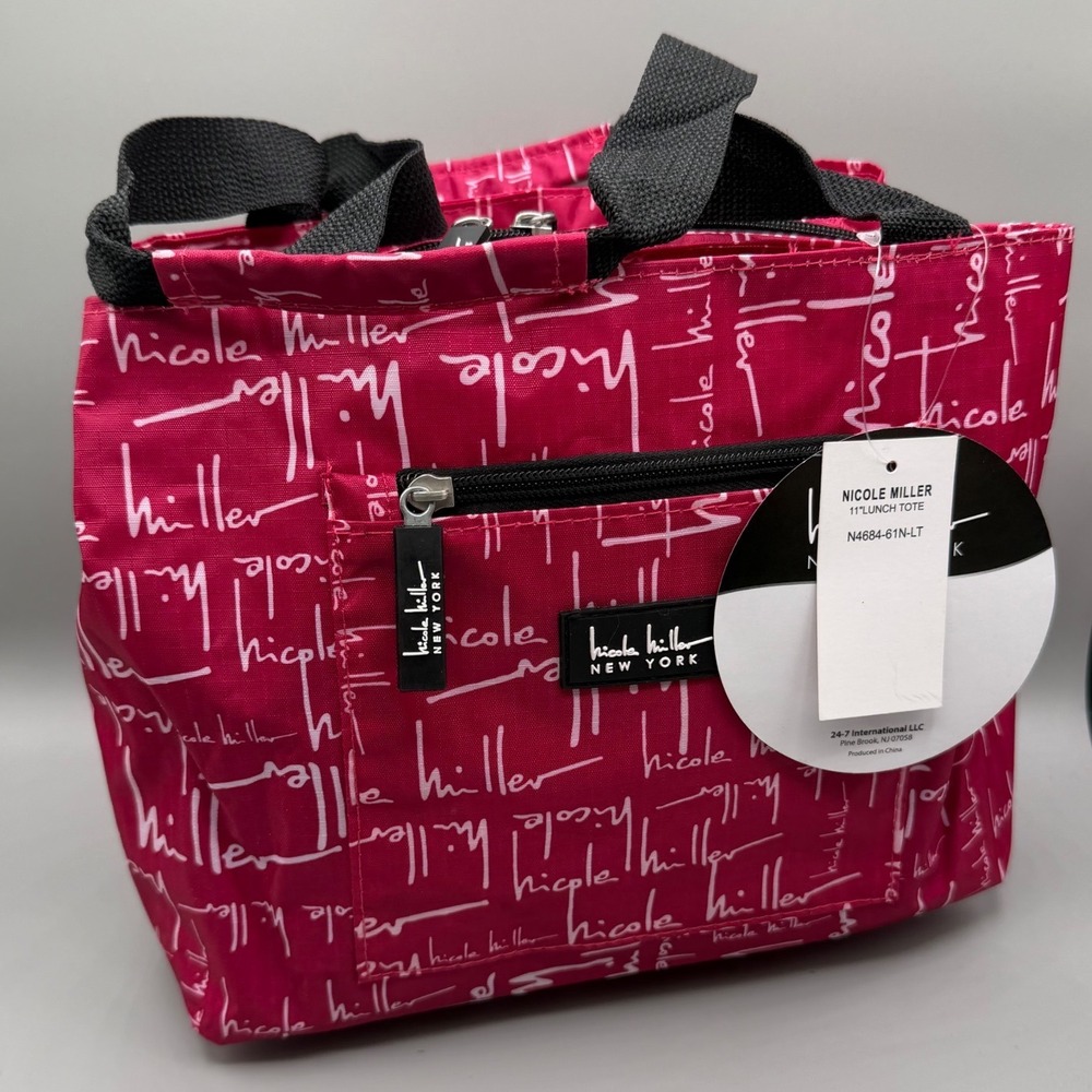 Nicole Miller New York Insulated 11" Lunch Tote Bag Pink Script Logo- NEW